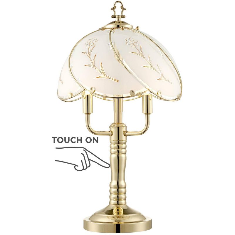 Regency Hill Flower Traditional Accent Table Lamp 19 1/2" High Polished Brass Touch On Off Floral Glass Shade for Bedroom Living Room Bedside Office, 1 of 8
