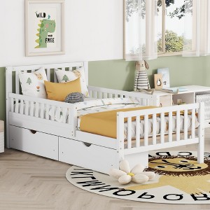 Wood Platform Bed with Guardrails on Both Sides and Two Storage Drawers - 1 of 4