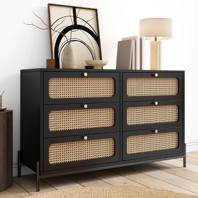 KTMBDW Rattan Dresser for Bedroom, Modern 6 Drawer Double Dresser with Handles, Wood Storage Chest of Drawers fo Bedroom,Living Room,Hallway, Natural