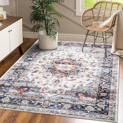 Vintage Washable Rug - Distressed Low Pile, Non-Slip & Stain Resistant Area Carpet