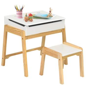 Tangkula Kids Study Table and Chair Set Wooden Activity Art Desk w/Tilted Tabletop Brown/White