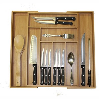 Natural Bamboo Expandable Drawer Organizer Set with Utensils
