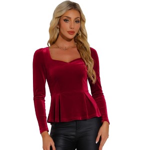 INSPIRE CHIC Women's Elegant Sweetheart Neck Long Sleeve Velvet Peplum Top - 1 of 4