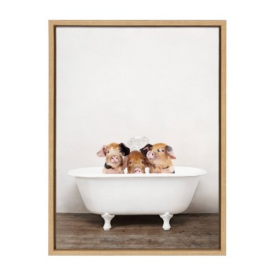 18" x 24" Sylvie Three Little Pigs in Vintage Bathtub Framed Canvas by Amy Peterson Natural - Kate & Laurel All Things Decor