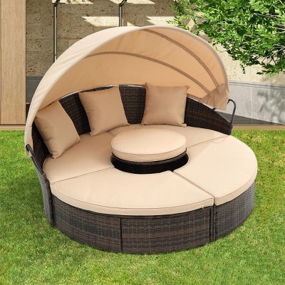 1 Piece Patio Rattan Double Chaise Lounges,Outdoor Round Upholstered Sofa Bed,Round Bed With Canopy And Lift Coffee Table-Coolbibila