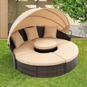 1 Piece Patio Rattan Double Chaise Lounges,Outdoor Round Upholstered Sofa Bed,Round Bed With Canopy And Lift Coffee Table-Coolbibila - 1 of 4