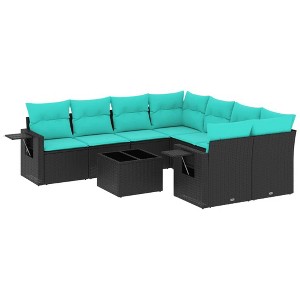 vidaXL 9 Piece Garden Sofa Set with Cushions Poly Rattan - Black and Blue - 1 of 4