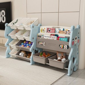 Hrinhom 56.7"W Kids Toy Storage Shelf,2 Tier Shelf+12 Toy Bins - 1 of 4