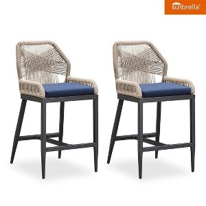 PURPLE LEAF Patio Sunbrella Bar Stools Set of 2 Handwoven Wicker Bar Height Stool Modern Aluminum Outdoor Wicker Barstools with Back and Cushion - 1 of 4