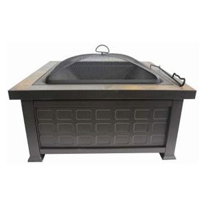 Four Seasons Courtyard 30" Steel Slate Top Wood Burning Fire Pit Square Outdoor Backyard Patio and Deck Fireplace with Safe Screen and Poker, Bronze - 1 of 4