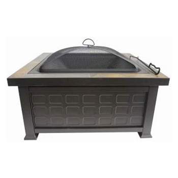 Four Seasons Courtyard 30" Steel Slate Top Wood Burning Fire Pit Square Outdoor Backyard Patio and Deck Fireplace with Safe Screen and Poker, Bronze