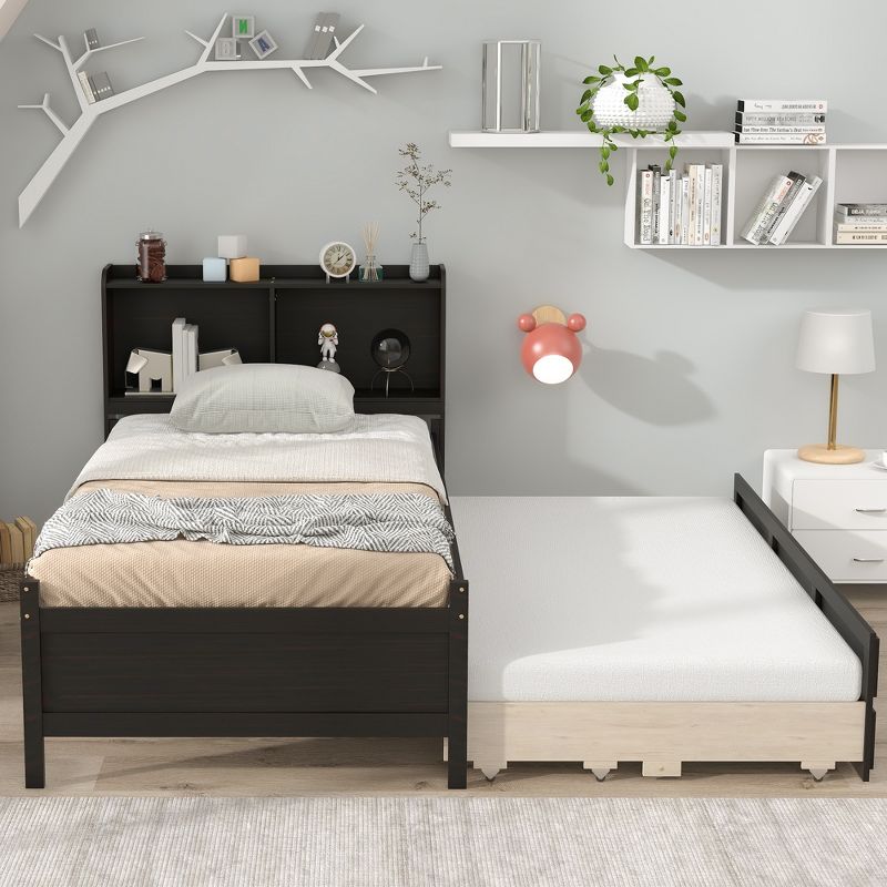 Full/Twin Size Platform Bed with Bookcase Headboard, Twin Size Trundle Bed and Drawers-ModernLuxe, 3 of 9