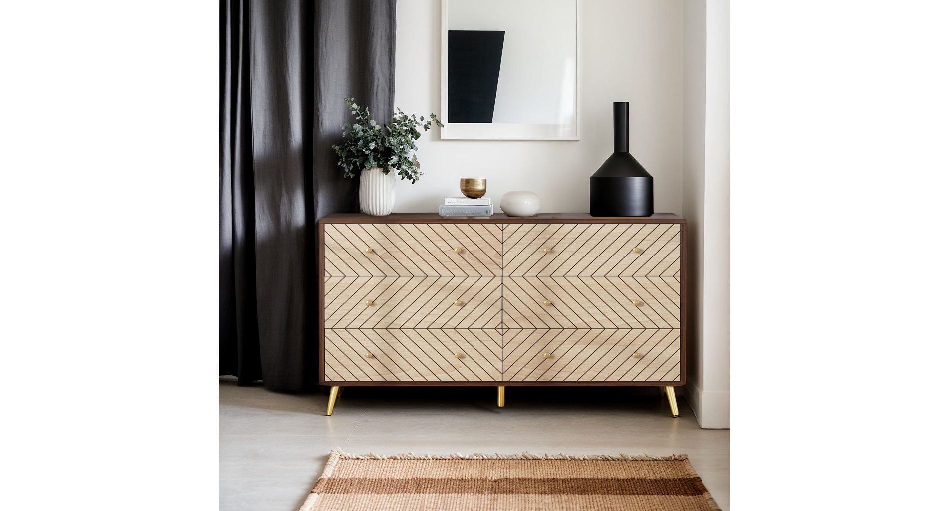 Hommoo 47 Inches Long 6 Drawer Double Dresser Brown/Gold