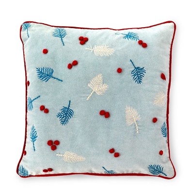 18" Light Blue Velvet Square Pillow with Embroidered Winter Foliage