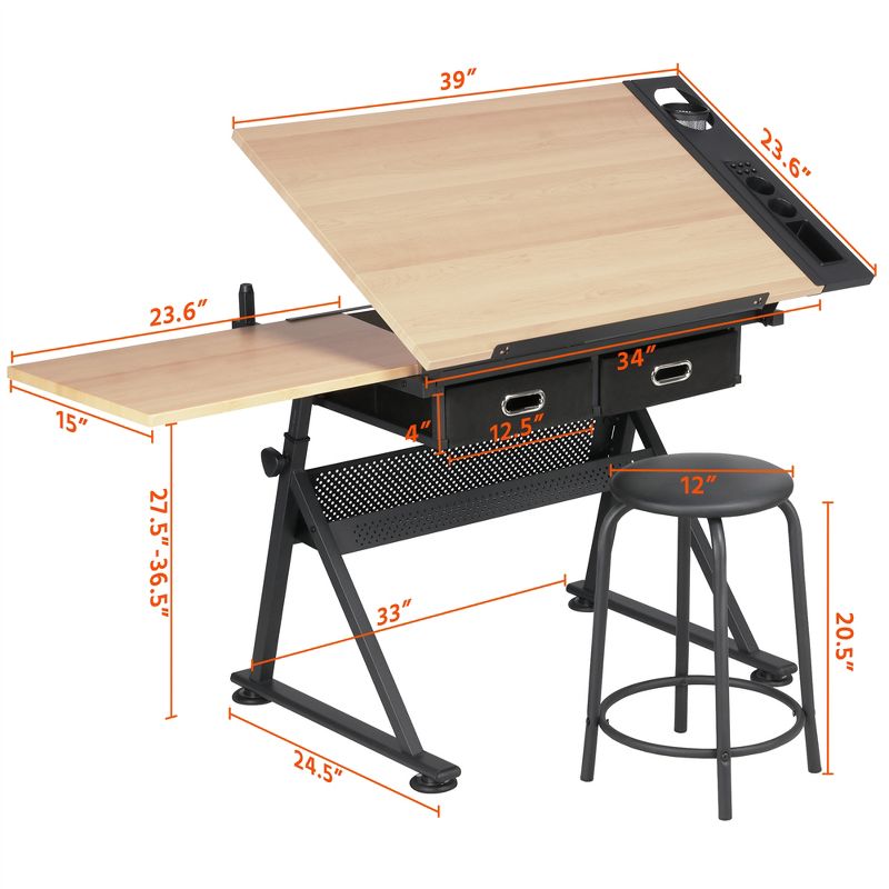Yaheetech Drafting Table & Stool Set All-in-One Drawing Table, 3 of 8