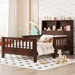 Twin Size Platform Bed Crib Bed Frame with Storage Headboard & Safety Guardrails, Pull-Out Playpen & Convertible Sofa - ModernLuxe - 1 of 4