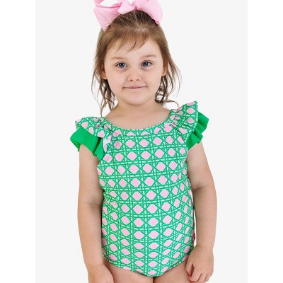 RuffleButts Girls UPF50+ Ruffle V-Back One Piece - Pink Coastal Cane, 7 — фото 4