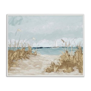 Stupell Industries Sandy Beach Walkway Distant Sailboats Floating Sea Framed Giclee Art, White, 30" x 24" - 1 of 4