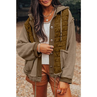 Jungle Green Quilted Textured Patchwork Loose Fit Hooded Jacket