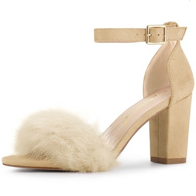 Allegra K Women's Faux Fur Buckle Closure Ankle Strap Block Heels Sandals