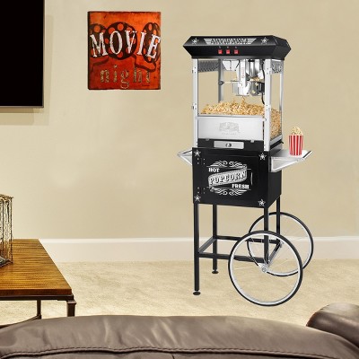 Black Antique-Style Popcorn Machine with Cart and Stainless Steel