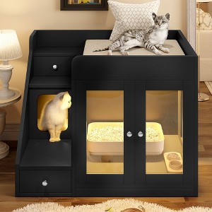 Whisen Multifunctional Cat Litter Box & Cat Bed House & Side Table with 3 Side Stairs, 2 Storage Drawers - 1 of 4