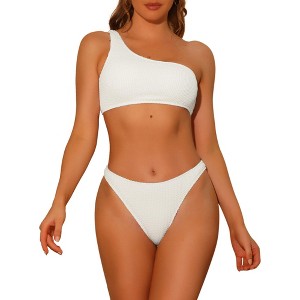 Elerevyo Women's One Shoulder Bikini Asymmetric Ribbed Triangle Bottoms Sporty Swimwear Bathing Suits 2 Pcs - 1 of 4