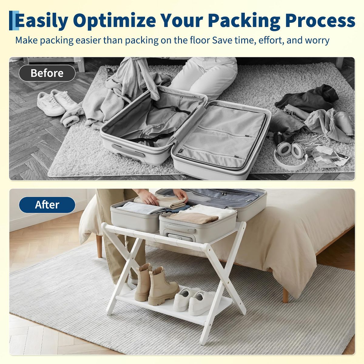 2-Pack Folding Bamboo Luggage Rack with Storage Shelf, Suitcase Stand with Nylon Straps, 110 lb Capacity for Bedroom, Hotel, Living Room, White - thumbnail 4