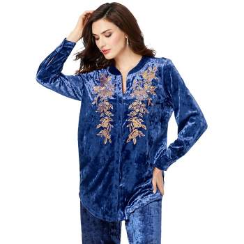 Roaman's Women's Plus Size Embroidered Velour Button-Down Top