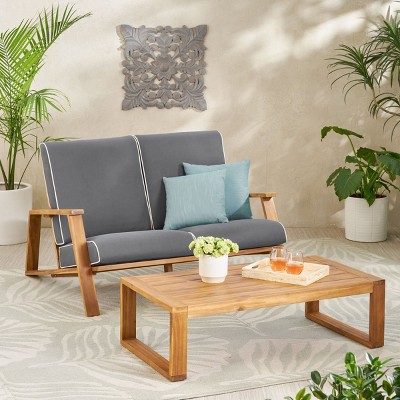 2 Piece Acacia Wood Outdoor Garden Furniture Set,Armrest Adirondack Loveseat with Coffee Table,Patio Conversation Set with Cushions-Coolbibila