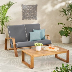 2 Piece Acacia Wood Outdoor Garden Furniture Set,Armrest Adirondack Loveseat with Coffee Table,Patio Conversation Set with Cushions-Coolbibila - 1 of 4