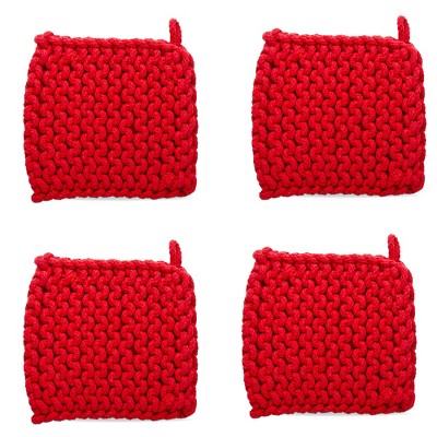 TAG Red Crocheted Cotton Trivet Potholder – 8"x8", Heat-Resistant with Hanging Loop, Machine Washable, Protect Hands and Surfaces Set of 4