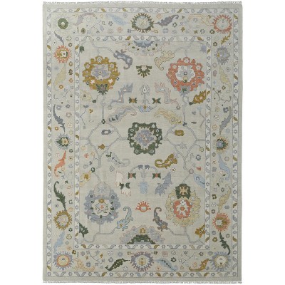 Gray Ivory and Gold Wool Floral Hand Knotted Area Rug With Fringe