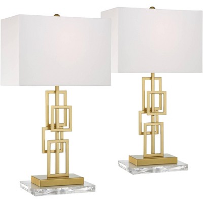360 Lighting Gale Modern Mid Century Table Lamps Set of 2 with Clear Risers 26" High Brushed Gold Grid White Shade for Bedroom Living Room Bedside
