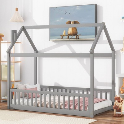 Twin House Bed with Guardrails, Slats