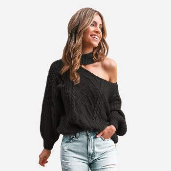 Women's Cable Knit Cutout Mock Neck Sweater - Cupshe
