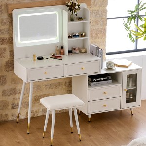 APRILSOUL Modern Makeup Vanity Desk with Mirror and Lights, Retractable Dressing Table with Drawers and Cabinet, White - 1 of 4