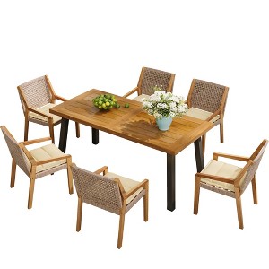 NAYSAYE Patio Dining Sets Outdoor Acacia Wood Table with Wicker Chairs and Cushions for Garden Patio Deck, Teak, 23.5"*21.25"*32" - 1 of 4