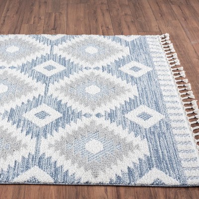 Blue and White Braided Geometric Diamond Area Rug