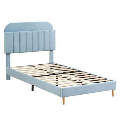 Children's bed, upholstered single bed frame with storage headboard and slatted frame, velvet upholstered, suitable for beds for boys and girls