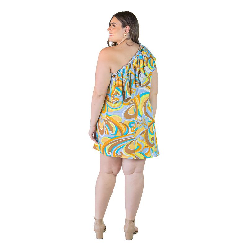 24seven Comfort Apparel Plus Size Yellow Floral Print One ShoulderRuffle Mini Dress, 3 of 7
