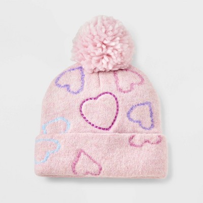 Image of Baby Girls' Heart Printed Beanies - Cat & Jack™ Pink 12-24M