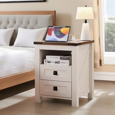 Farmhouse Nightstand wtih Charging Station, 18" End Table Side Table with 2 Drawers for Bedroom, Living Room