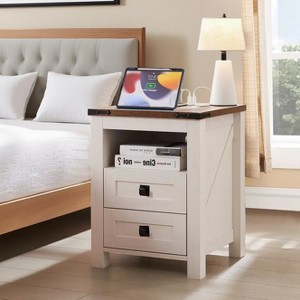Farmhouse Nightstand wtih Charging Station, 18" End Table Side Table with 2 Drawers for Bedroom, Living Room - 1 of 4