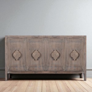 Antique Four Door Cabinet with Carved Flower Handles, Wooden Sideboard Buffet Console for Living Room Kitchen Hallway - 1 of 4