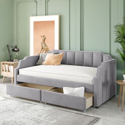 NicBex Twin Size Velvet Fabric Daybed Modern Wooden Bed Frame with 2 Drawers and Backrest for Bedroom, Living Room, No Box Spring Required