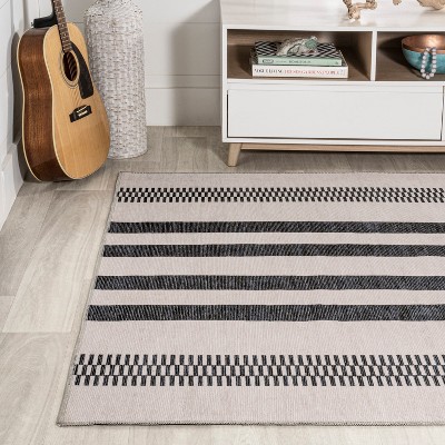 Cream and Black Striped Synthetic 3' x 5' Washable Area Rug