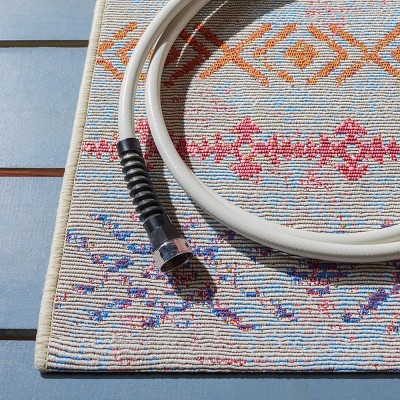 Ivory and Blue Square Washable Synthetic Area Rug