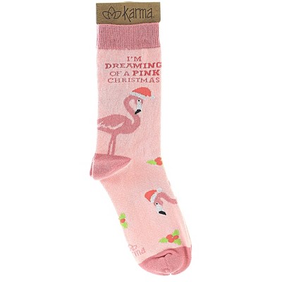 Novelty Socks 12.5" Holiday Socks Pink Christmas Flamingo Santa Dreaming Karma  -  Socks