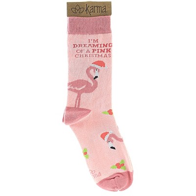 Novelty Socks 12.5" Holiday Socks Pink Christmas Flamingo Santa Dreaming Karma  -  Socks